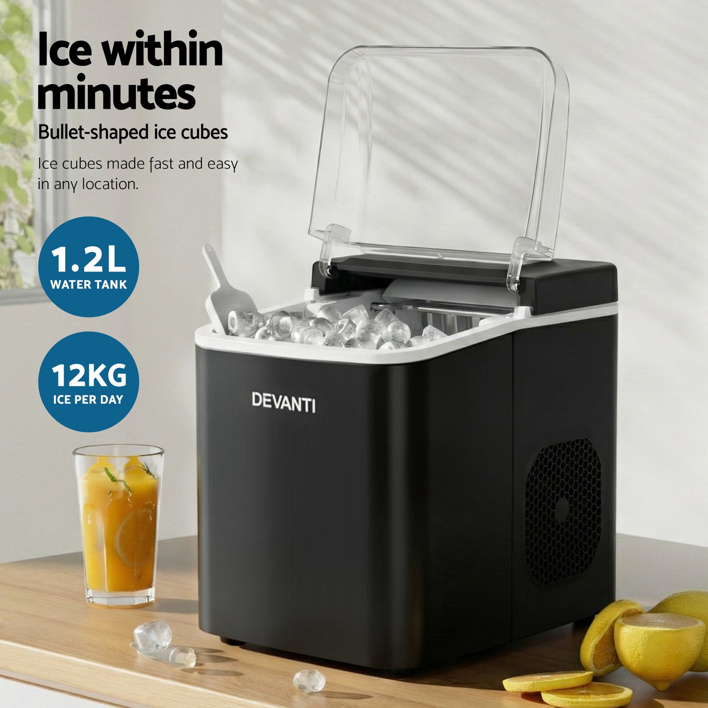 Devanti Ice Maker Machine Portable 12kg Countertop w/Self Cleaning 1.2L Black - Factory Direct Shop