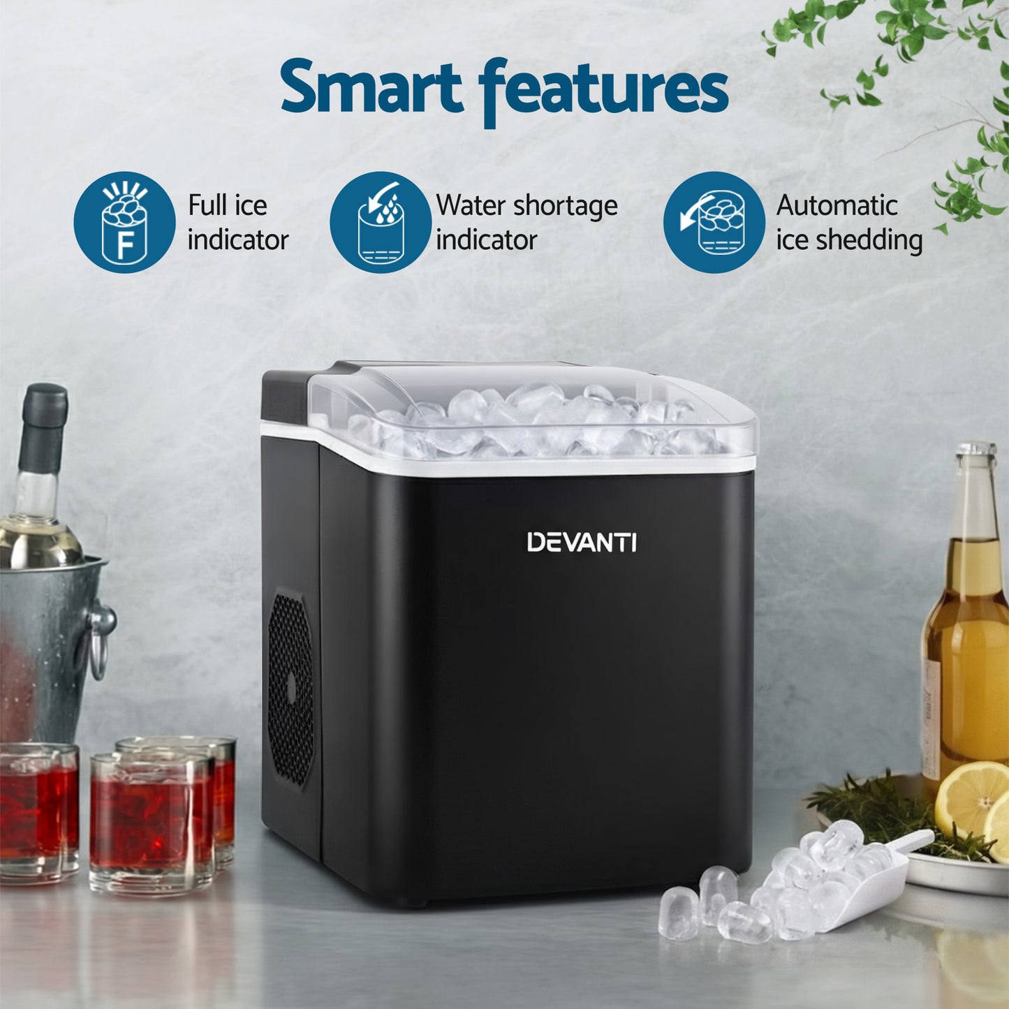 Devanti Ice Maker Machine Portable 12kg Countertop w/Self Cleaning 1.2L Black - Factory Direct Shop