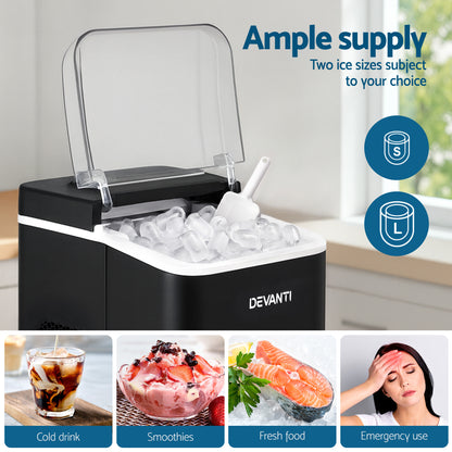 Devanti Ice Maker Machine Portable 12kg Countertop w/Self Cleaning 1.2L Black - Factory Direct Shop