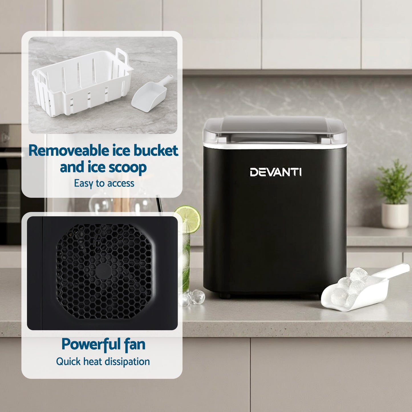 Devanti Ice Maker Machine Portable 12kg Countertop w/Self Cleaning 1.2L Black - Factory Direct Shop