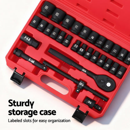 Giantz 30Pc 1/2" Drive Socket Set Cr-V Steel 8-32mm Workshop Repair