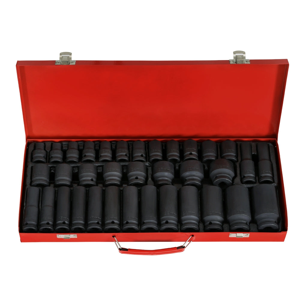A Giantz impact socket set displayed in a red storage case with black sockets, ranging in size from 8 to 32mm.