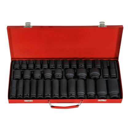 A Giantz impact socket set displayed in a red storage case with black sockets, ranging in size from 8 to 32mm.