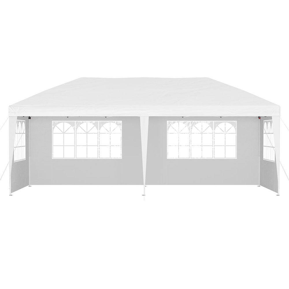 Gazebo Pop Up Marquee 3x6 m Side Wall White

Stay out of the sun and rain in sophistication with the versatile Instahut Gazebo Pop Up Marquee. Its large 300 x 600cm size provides ample shade and coverage for outdoor events, while the canopy is both UV-resistant and waterproof for ultimate protection. The strong legs and struts ensure stability and safety, and easy Velcro attachments make assembly a breeze. Plus, the included 4 window panels allow you to enjoy the surroundings.