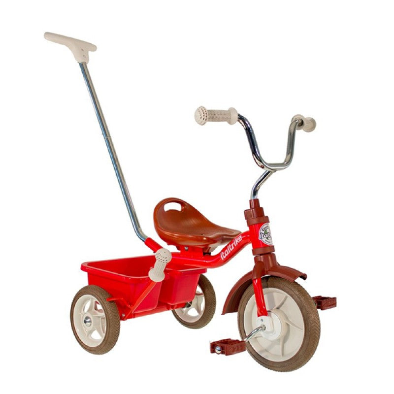 Italtrike 10" Passenger Trike - Champion Red

This red passenger tricycle features a classic design and a rear push handle. It is ideal for children learning balance and pedaling. The adult handle allows for stability and can be used to push the trike with a front free-wheel using the push bar. This trike is also great for improving the coordination of arms and legs while steering