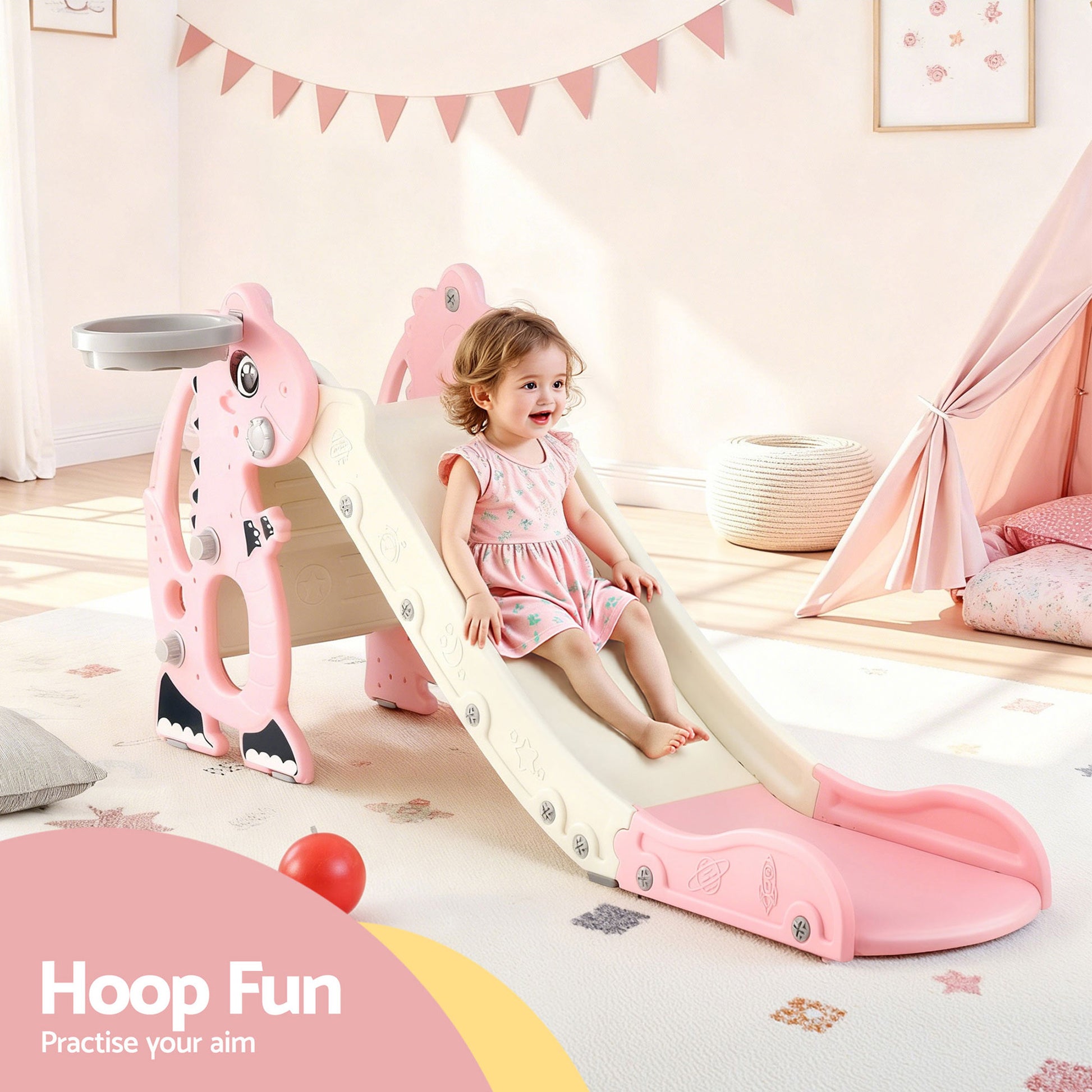 Keezi Kids Slide Set Basketball Hoop Outdoor Playground Toy Dragon 125cm Slide Pink - Factory Direct Shop