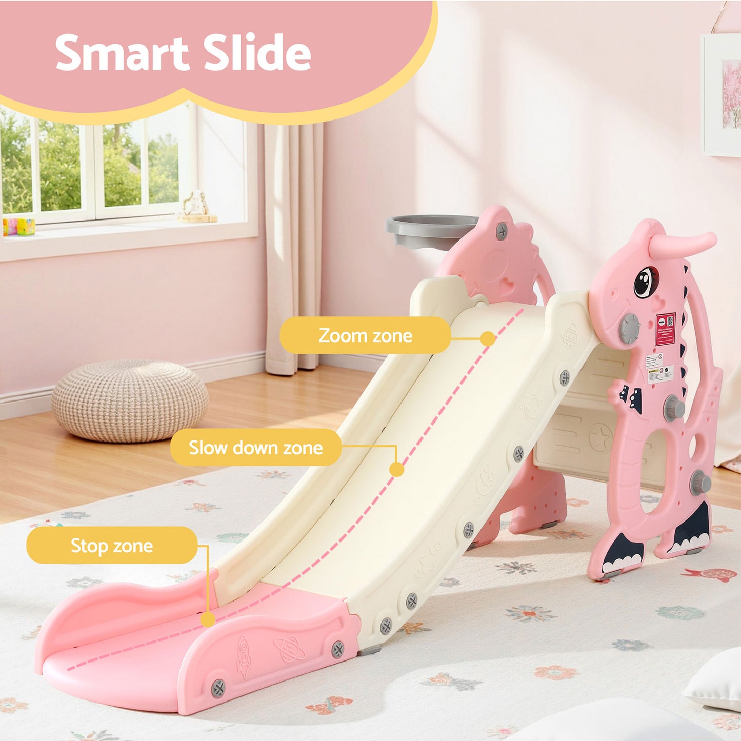 Keezi Kids Slide Set Basketball Hoop Outdoor Playground Toy Dragon 125cm Slide Pink - Factory Direct Shop