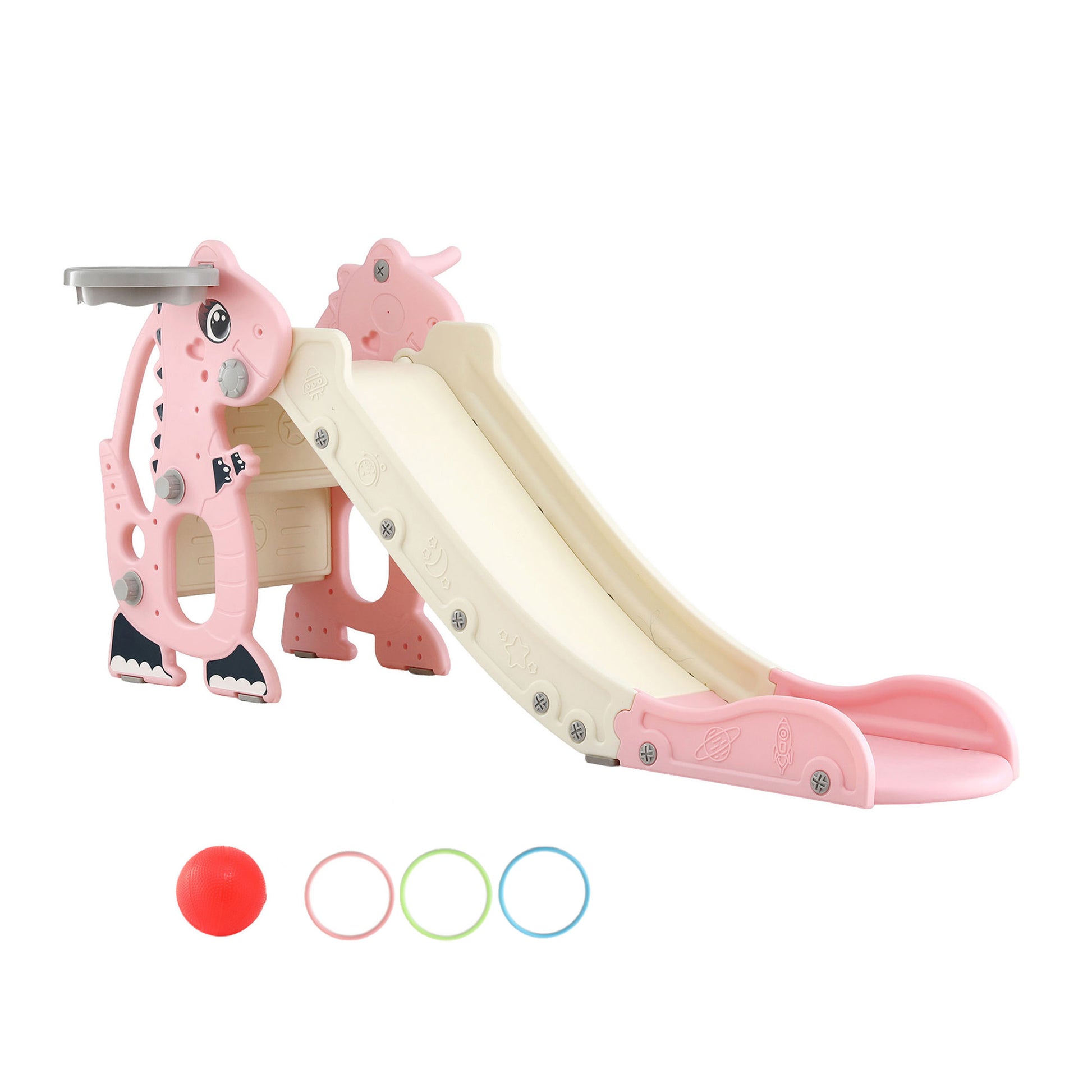 Keezi Kids Slide Set Basketball Hoop Outdoor Playground Toy Dragon 125cm Slide Pink - Factory Direct Shop