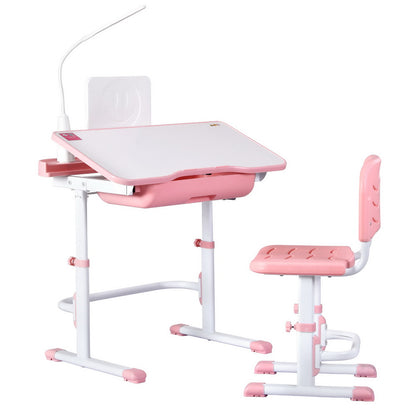 Keezi Kids Table and Chair Set Adjustable Study Desk w/ LED Lamp Reading Pink