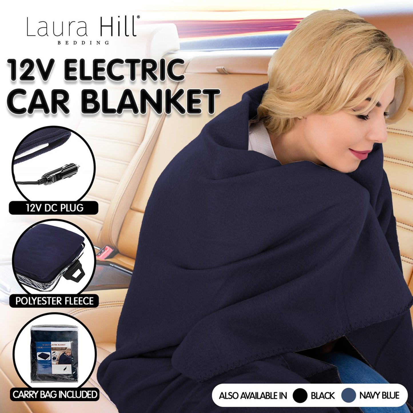 Laura Hill Heated Electric Car Blanket 150x110cm 12v - Blue

Expertly designed to provide warmth during lengthy trips in chilly winter weather, this electric car blanket, made of polyester fleece, is both practical and secure. With a quick and easy plug-in to the cigarette lighter socket, it efficiently heats up in mere seconds. Perfect for accommodating two individuals, this blanket is also suitable for children. It is the ideal accessory for use in a wide variety of vehicles, including cars, convertibles,