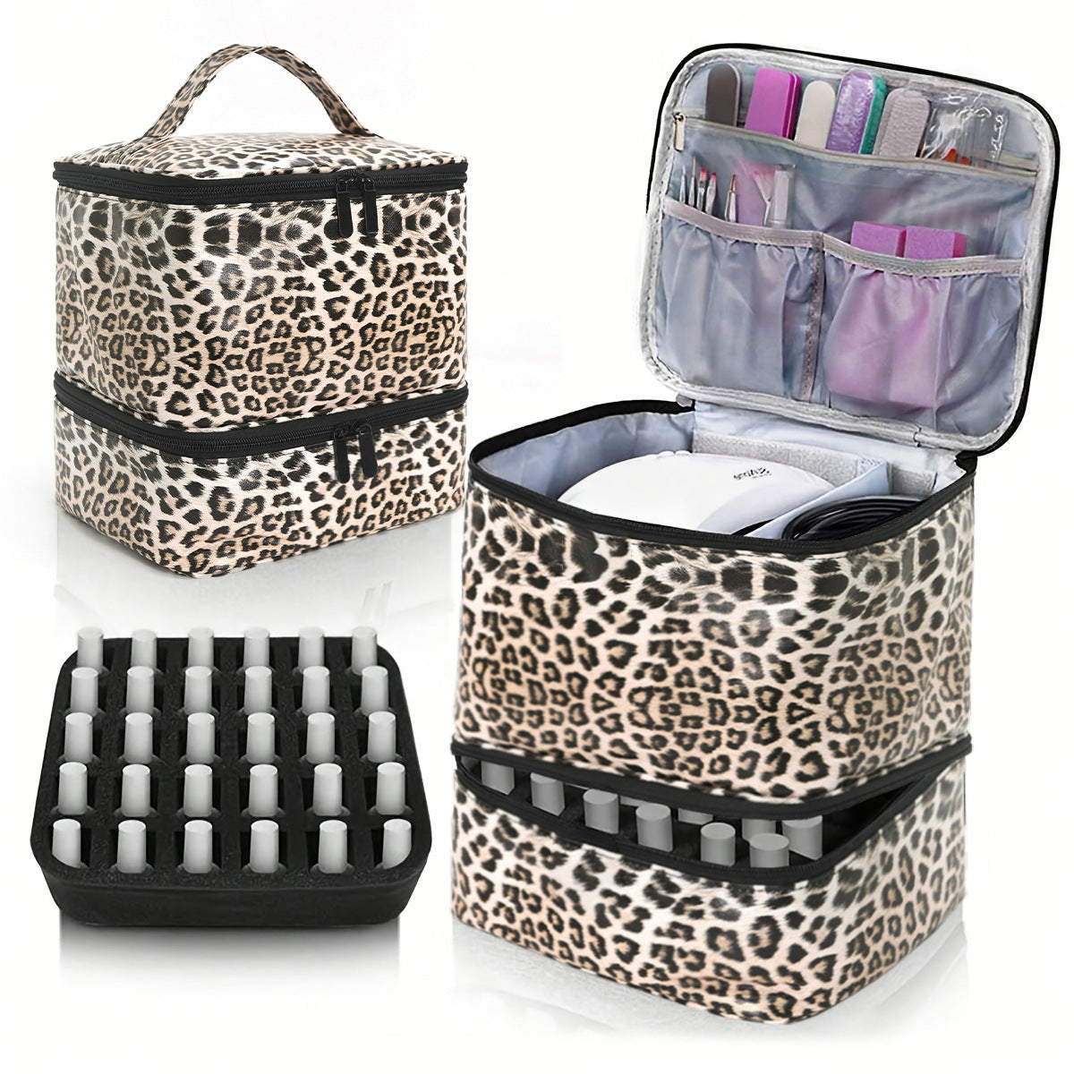 Double-Layer PU Nail Polish Storage Case with High Capacity for Essential Oils and Nail Lamp - Portable &amp; Adjustable

Keep your nail care essentials organized with this stylish double-layer storage case. Made from durable PU material, this spacious organizer is designed to hold nail polishes, essential oils, and even a nail lamp. Featuring a modern design with either a sleek leopard print or chic marble finish, it's perfect for both home storage and on-the-go use. The adjustable compartments ensure that