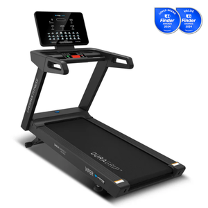 Black treadmill with digital display on a white background, featuring Duragrip branding.