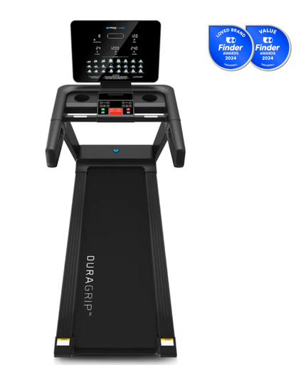 Treadmill with control panel on a white background, featuring DURAGRIP branding.