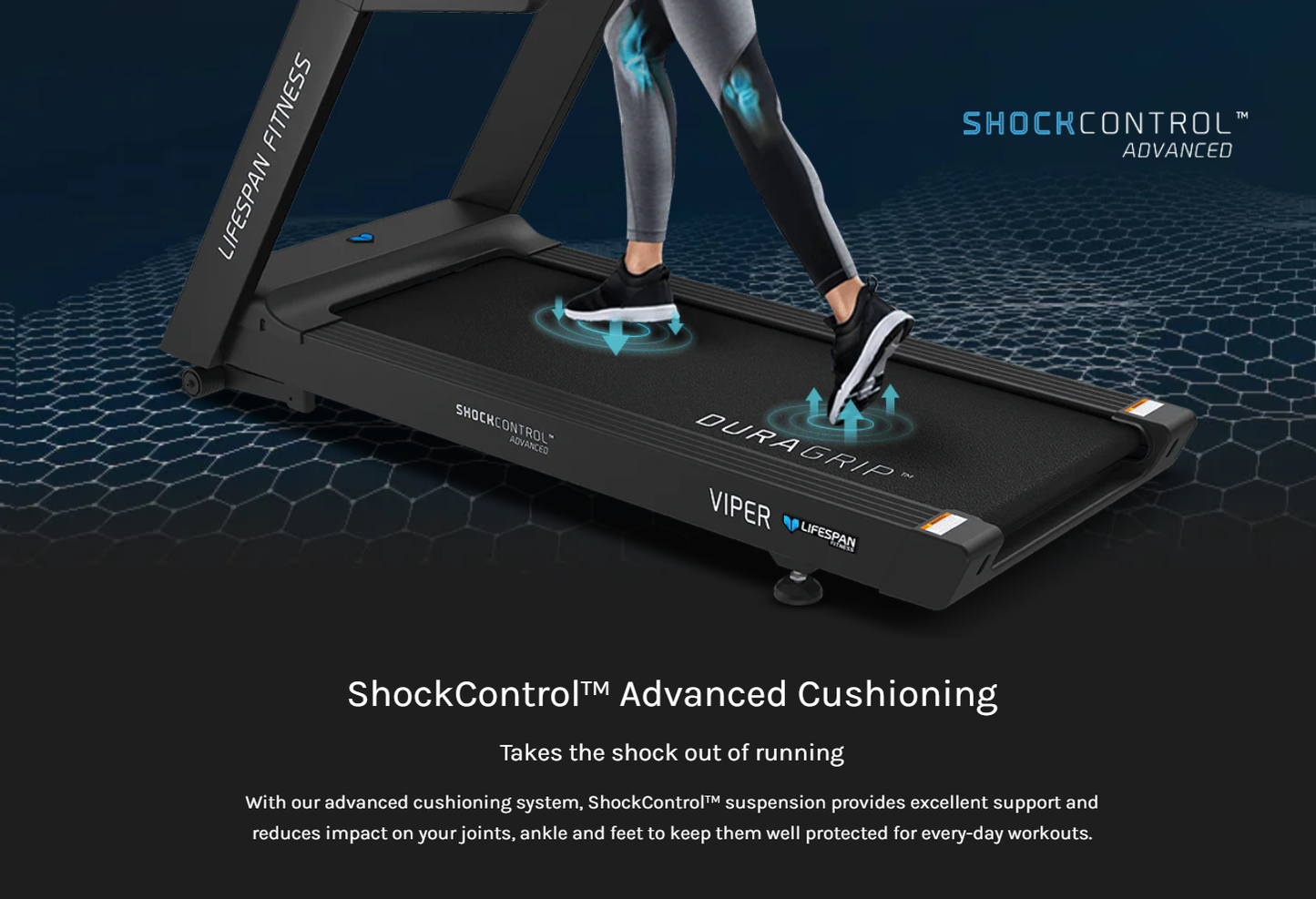 Lifespan Fitness treadmill with shock control technology on a dark background