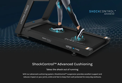 Lifespan Fitness treadmill with shock control technology on a dark background