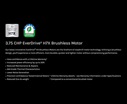 Advertisement for 3.75 CHP EverDrive H7X Brushless Motor with product details on a black background.