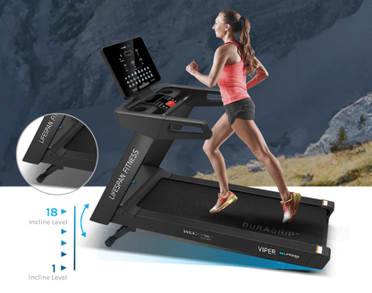 Woman running on a treadmill with a scenic background