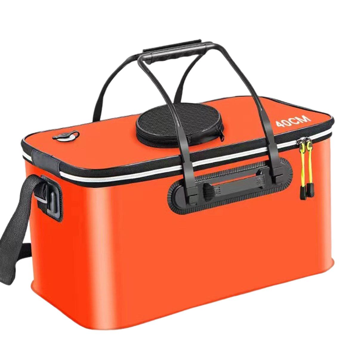 Orange Live Bait Bucket with black handle and straps on a white background