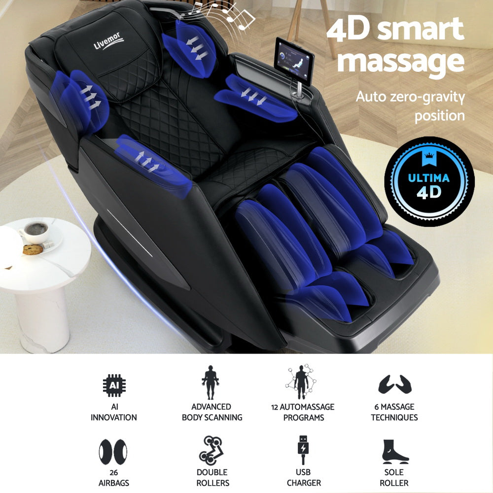 4D smart massage chair with blue massage rollers on a wooden floor.