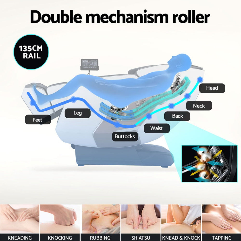 Massage roller with labeled parts and massage techniques on a white background
