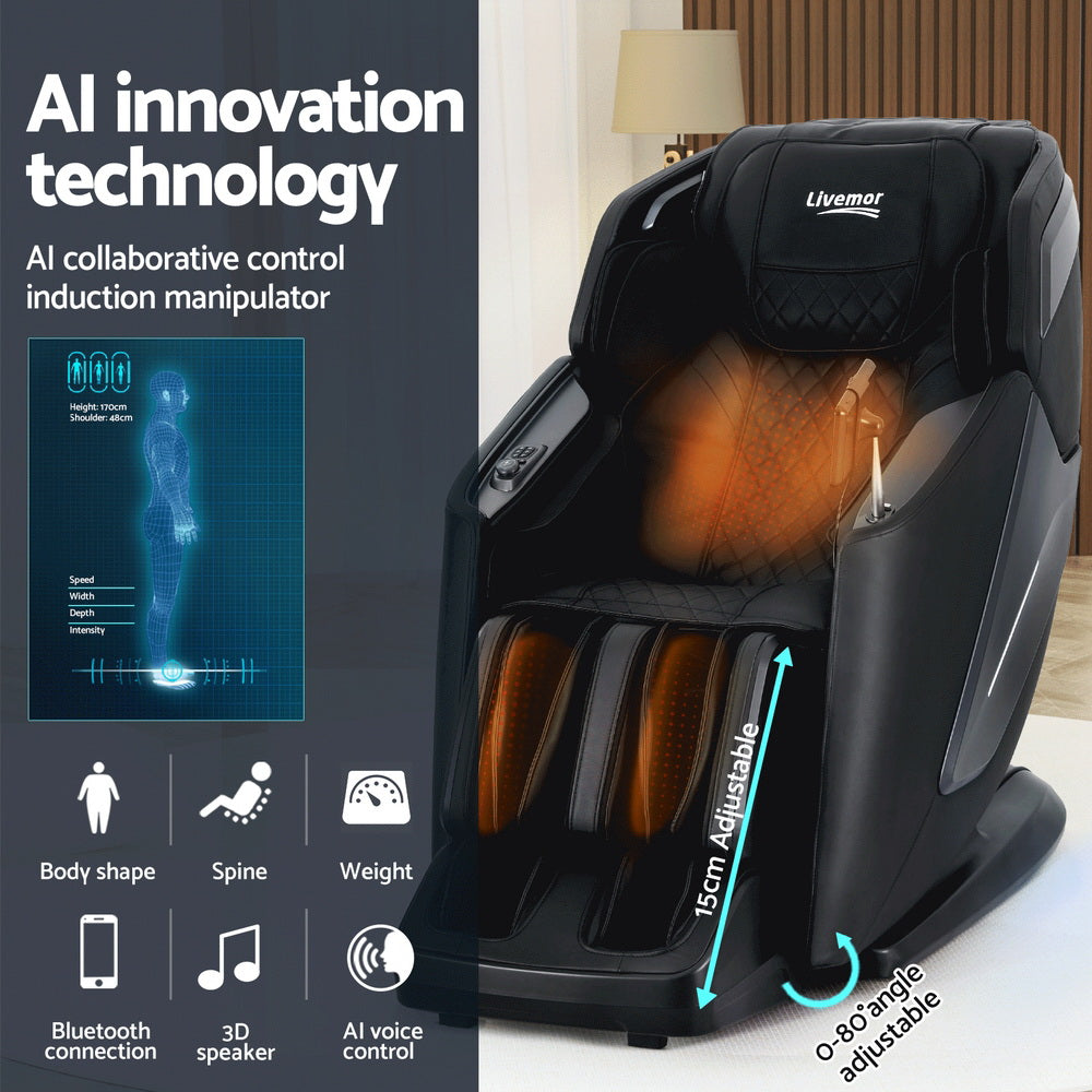 Massage chair with AI innovation technology features displayed on a gray background