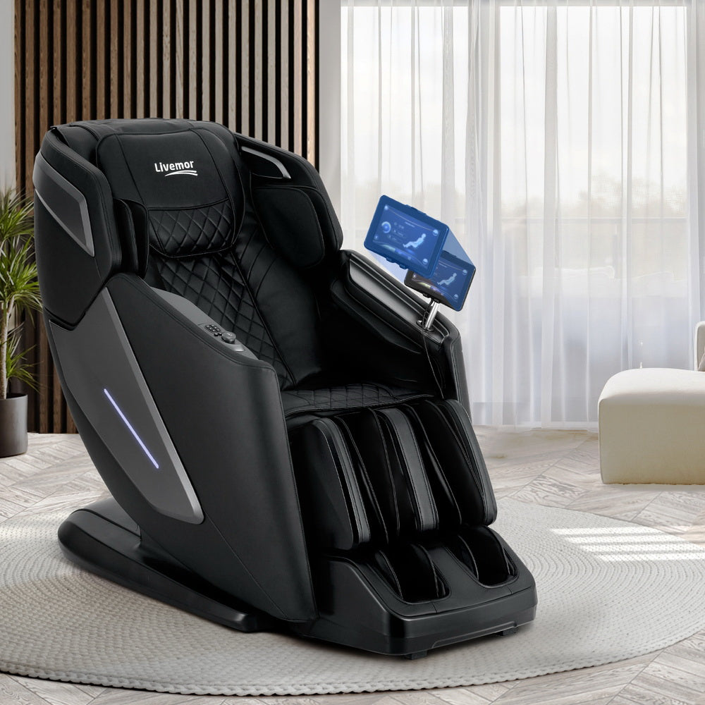 Black massage chair with digital display in a room setting