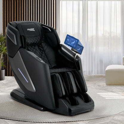 Black massage chair with digital display in a room setting