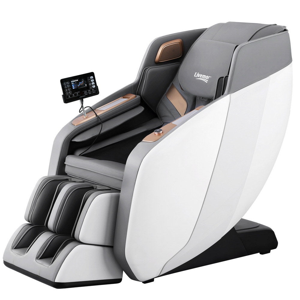 Gray and white massage chair with control panel on a white background