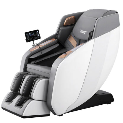 Gray and white massage chair with control panel on a white background