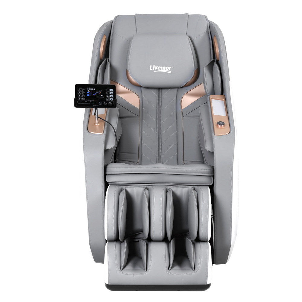Gray massage chair with control panel on a white background