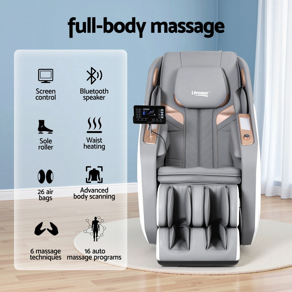 Massage chair with features listed on a panel against a light blue wall.
