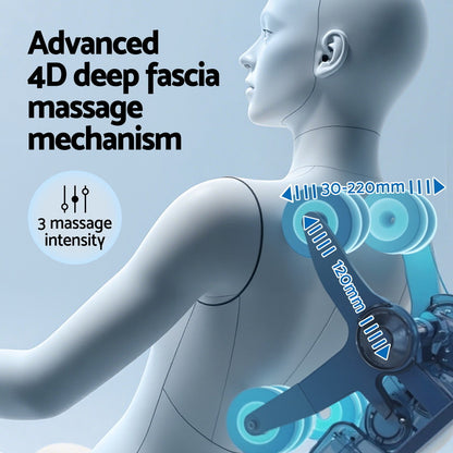 Illustration of a robotic arm with advanced 4D deep fascia massage mechanism on a light blue background.