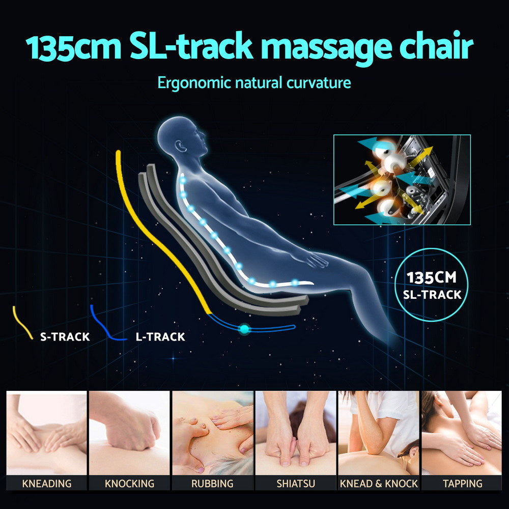 Advertisement for a 135cm SL-track massage chair with ergonomic design and massage techniques.