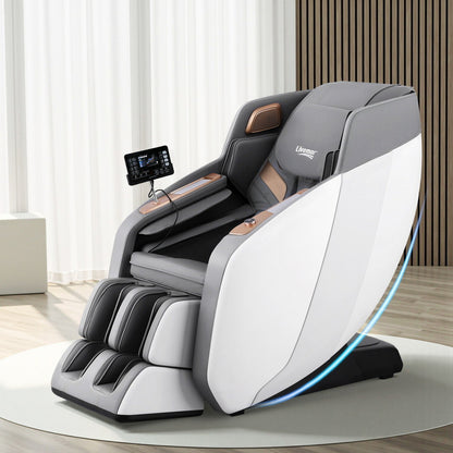 Gray massage chair with control panel in a modern room