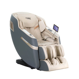 Beige and gray massage chair with a screen on a white background