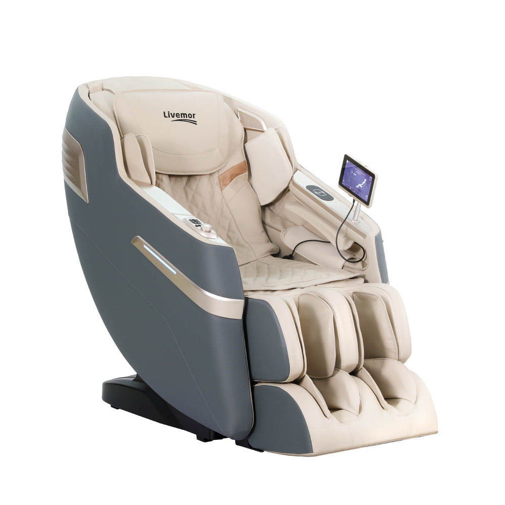 Beige and gray massage chair with a screen on a white background