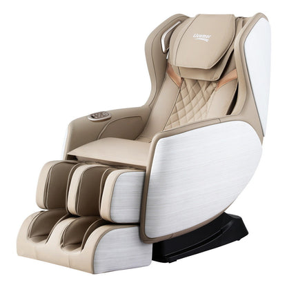 Beige and white massage chair with quilted design on a white background