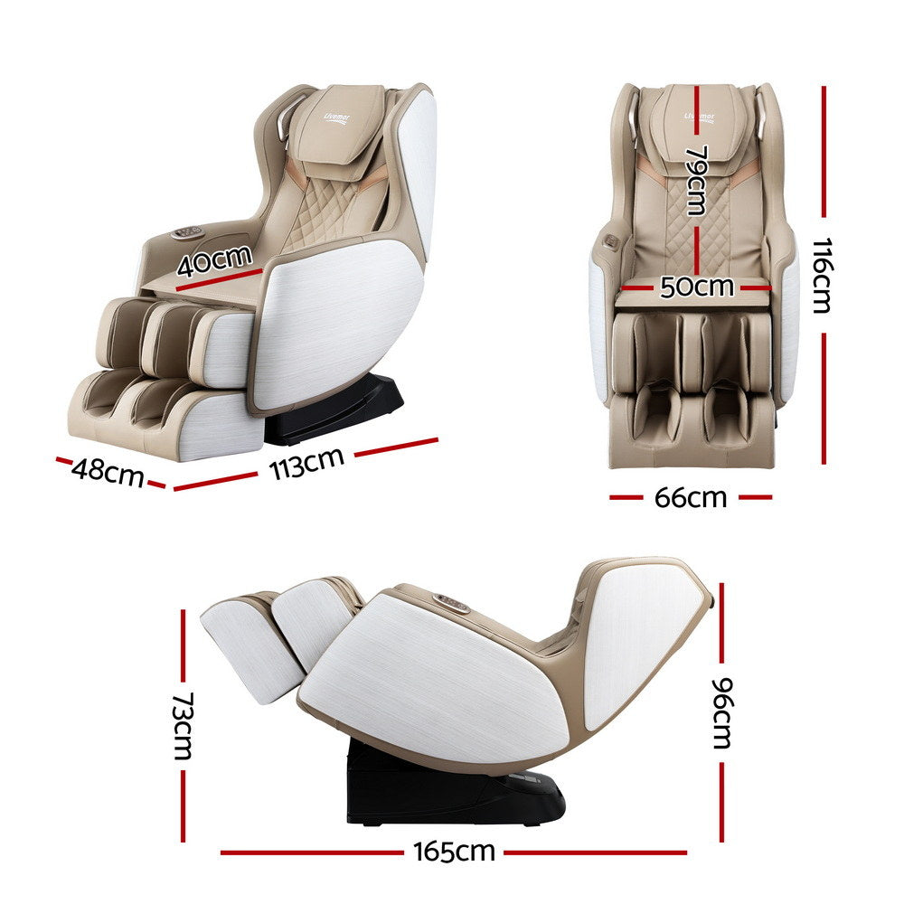 Beige and white massage chair with dimensions marked on a white background