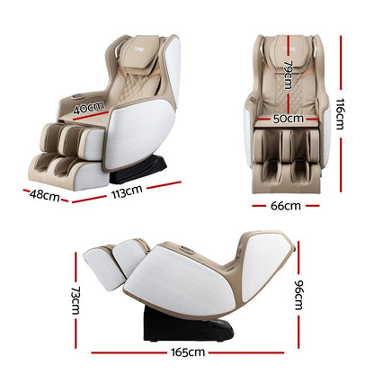 Beige and white massage chair with dimensions marked on a white background