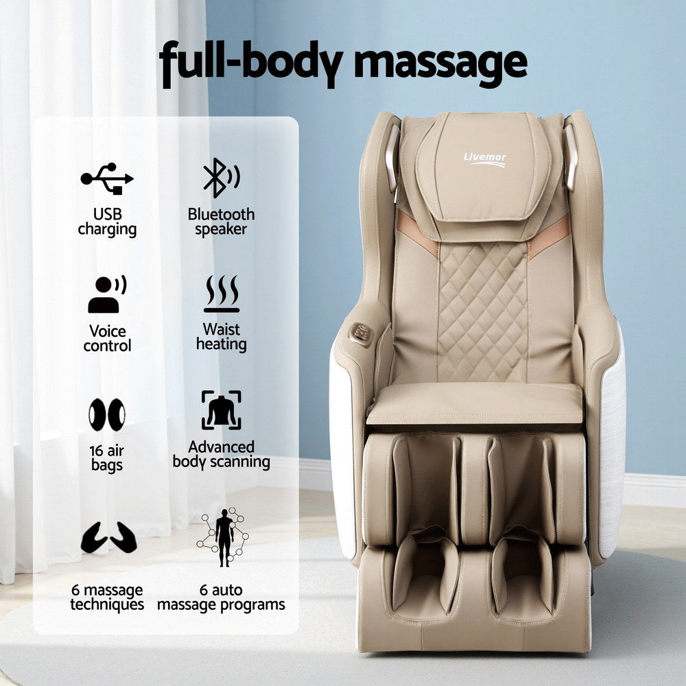 Beige massage chair with features listed on a white background