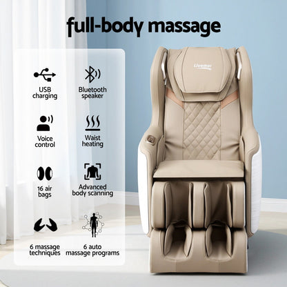 Beige massage chair with features listed on a white background