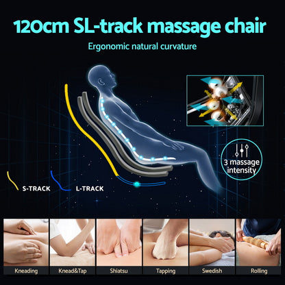 120cm SL-track massage chair with ergonomic design and massage techniques shown.