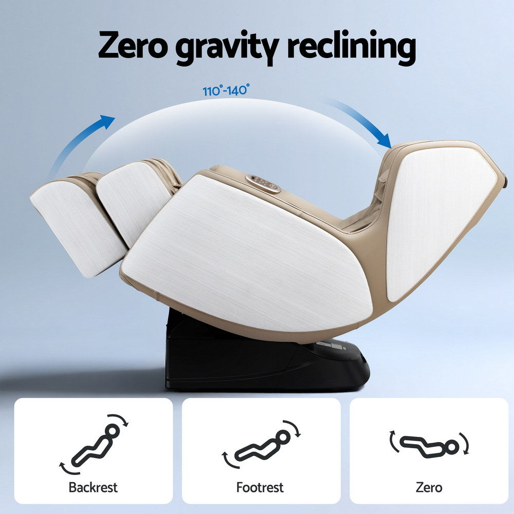 Zero gravity reclining massage chair with labeled parts on a light blue background