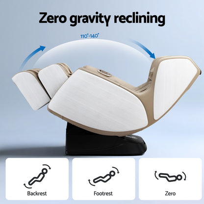 Zero gravity reclining massage chair with labeled parts on a light blue background