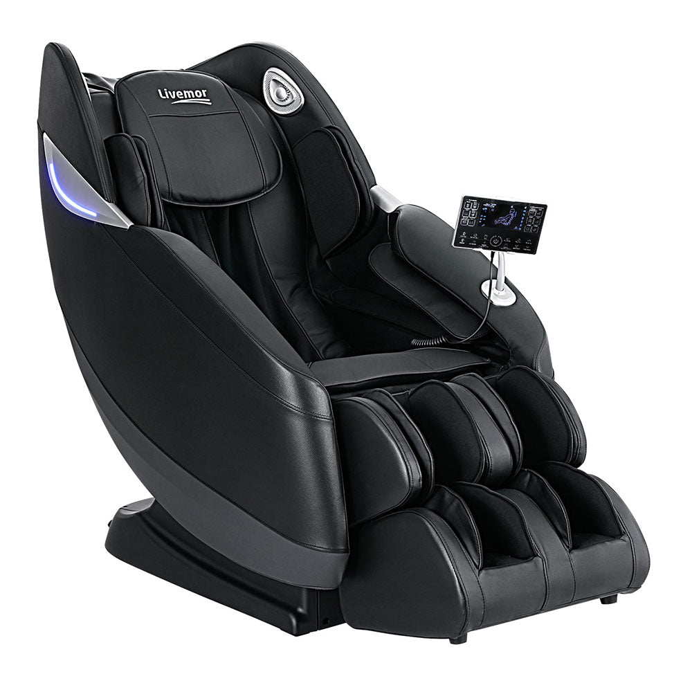 Black massage chair with control panel on a white background