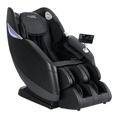 Black massage chair with control panel on a white background