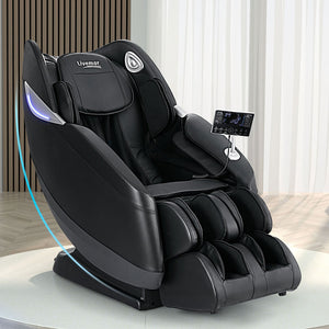 Black massage chair with control panel on a white platform