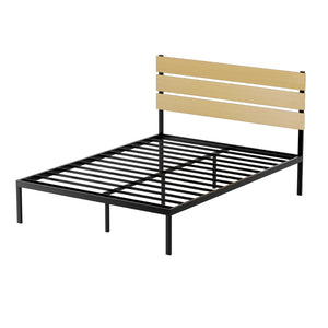 Bed frame with black metal slats and beige wooden headboard on a white background