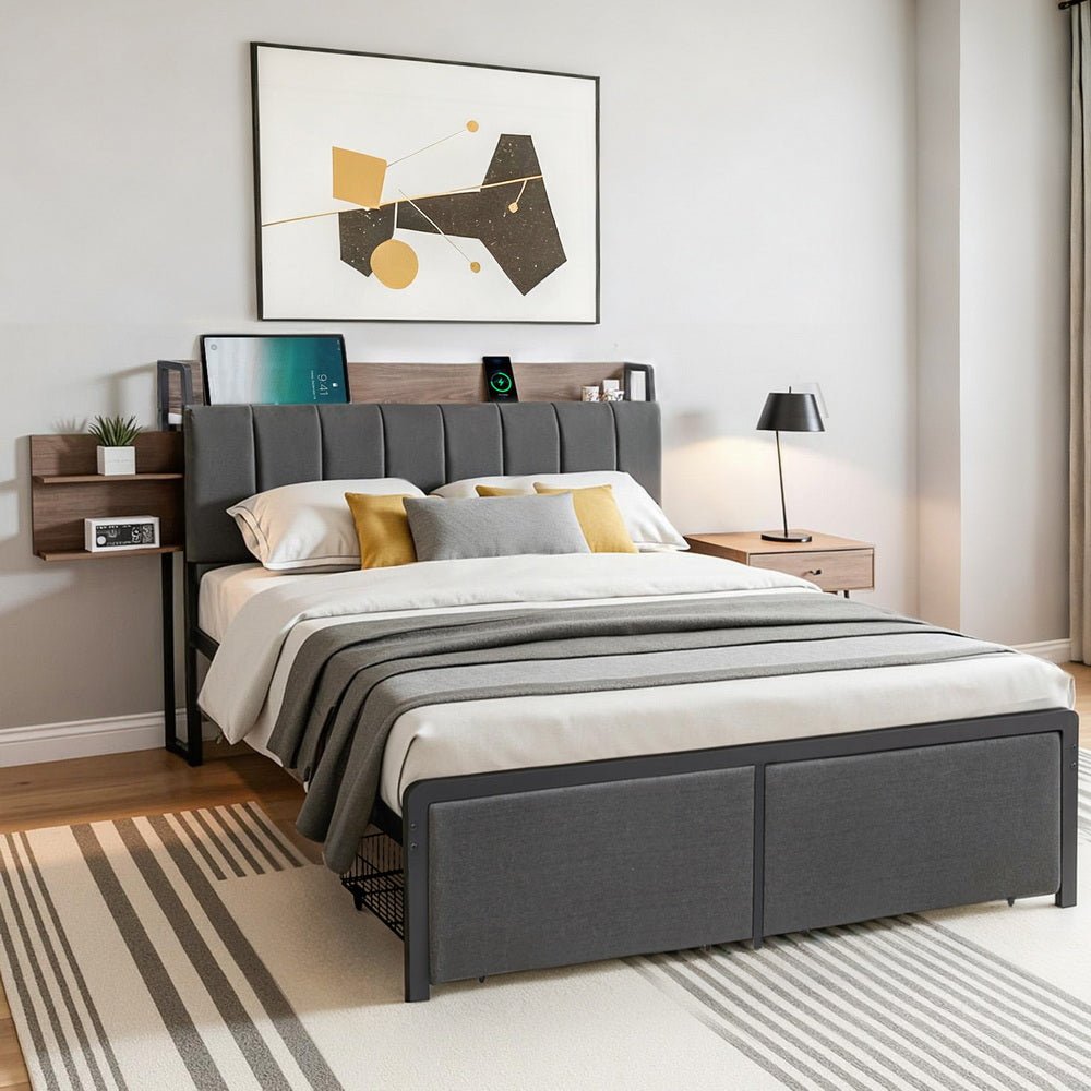 Artiss Metal Bed Frame Double Size with 2 - Tier Hidden Storage with Charging Station - Factory Direct Shop