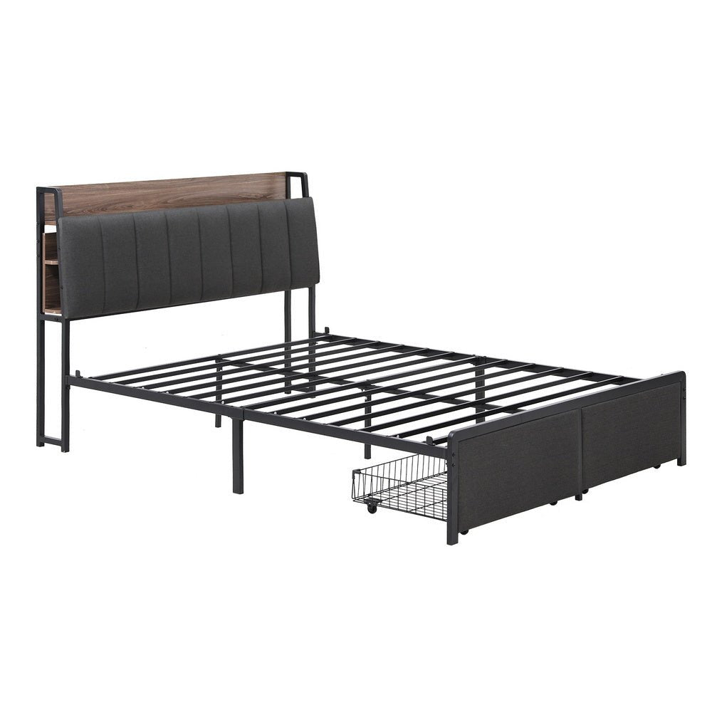 Artiss Metal Bed Frame Double Size with 2 - Tier Hidden Storage with Charging Station - Factory Direct Shop